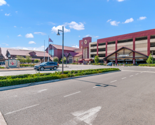 Wide shot of Great wolf lodge parking and main building entrance exterior