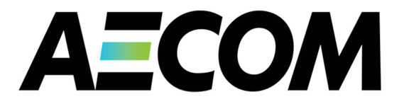 AECOM logo in black with a green / blue gradient in the middle of the capital E