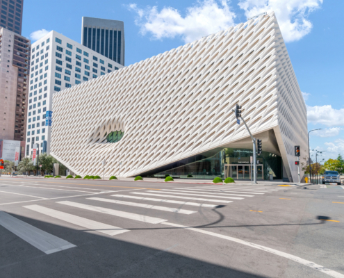 The Broad Museum building exterior from a crosswalk
